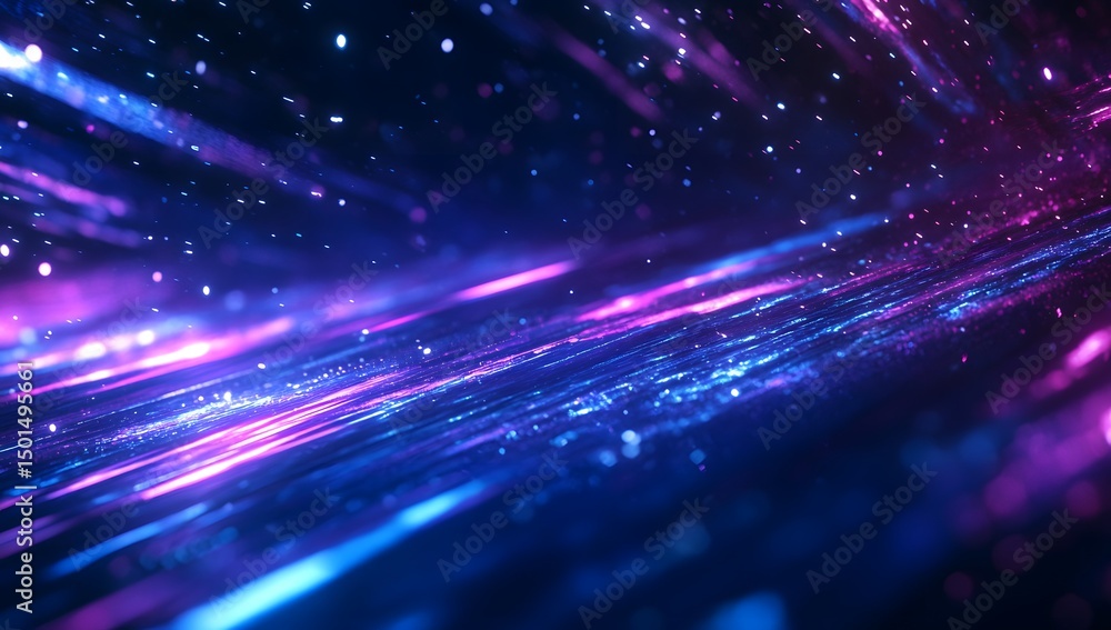Poster a vibrant and dynamic background of blue, purple, and pink streaks with lights moving at high speed.