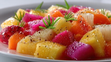 a colorful tropical fruit salad with mango