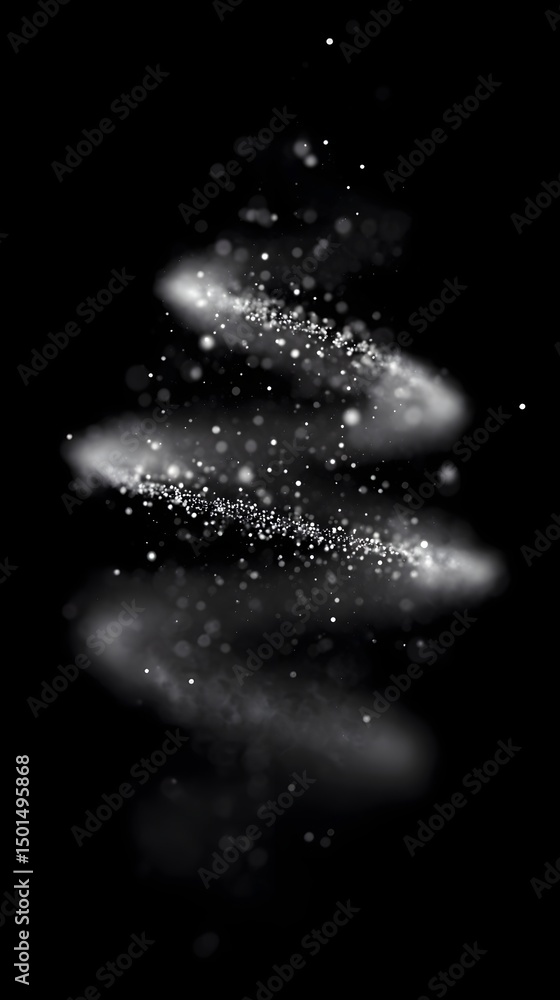 Poster swirling digital particles forming a rotating atomic structure