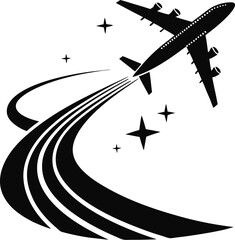 Stylized black silhouette of an airplane with a trailing path and stars.