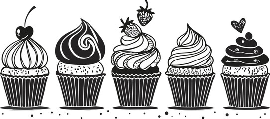 Delightful assortment of decorated cupcakes in black and white illustration.