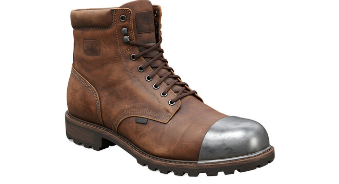 Rugged brown leather boot with steel toe