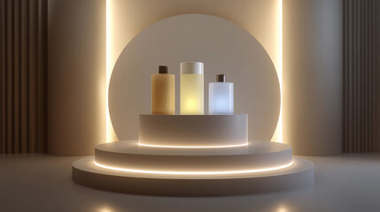 Product showcase on pedestal with glowing lights, minimal backdrop
