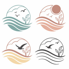 Elegant nature set coastal birds waves sun plants minimalist logos