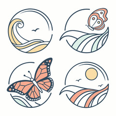 Nature icons set ocean wave butterfly sun landscape design elements