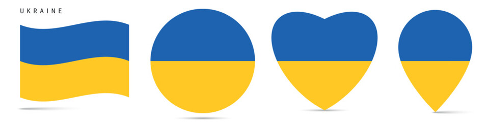 Ukraine waving flag, round circle sticker badge, heart shaped icon, map pin. Ukrainian flag buttons of different shapes. Vector illustration isolated on white.