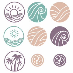 Stylish summer ocean wave sun palm tree icons set transparent background