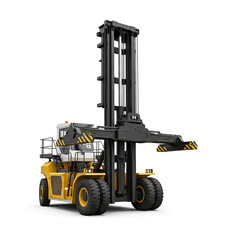Heavy-duty forklift operates in a warehouse to lift shipping containers securely at a bustling logistics center