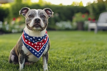 A cheerful dog sits on green grass adorned with a patriotic bandana. The bright sunlight enhances the vibrant colors, creating a joyful atmosphere outdoors