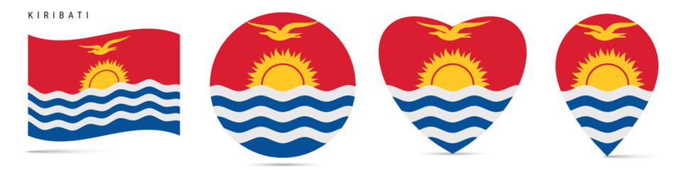 Kiribati waving flag, circle badge, heart shaped, map pin. Flat vector illustration isolated