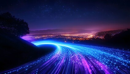 Fototapeta premium Abstract blue and purple light streaks representing fast digital data transfer on a dark background with city lights in the distance, 