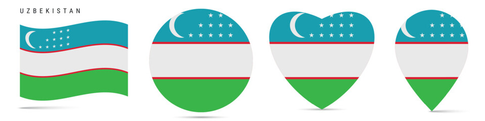Obraz premium Uzbekistan waving flag, circle badge, heart shaped, map pin. Flat vector illustration isolated