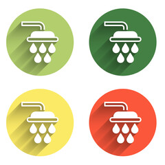 Set Shower head with water drops flowing icon isolated with long shadow background. Color circle button. Vector
