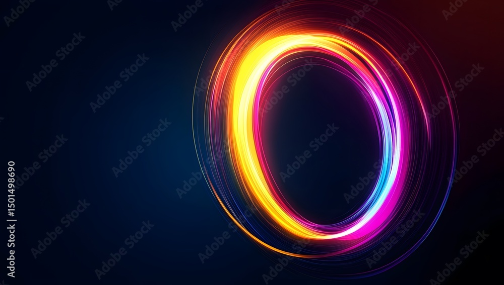Poster abstract, illuminated neon lines forming the shape of an o, glowing in vibrant colors against a dark