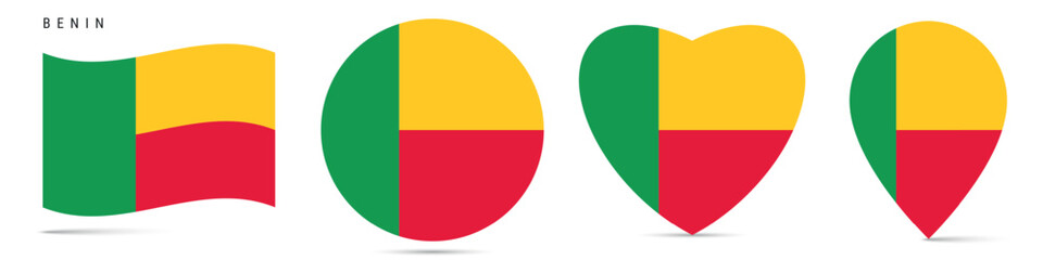 Benin waving flag, circle badge, heart shaped, map pin. Flat vector illustration isolated