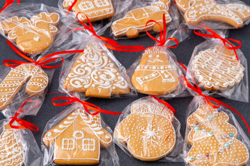 Decorative Gingerbread Cookies in Gift Packaging. Christmas tree food gift. Set different