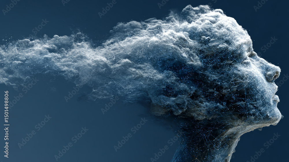 Poster digital human head with ai technology interface and data flow on a blue background, symbolizing the 