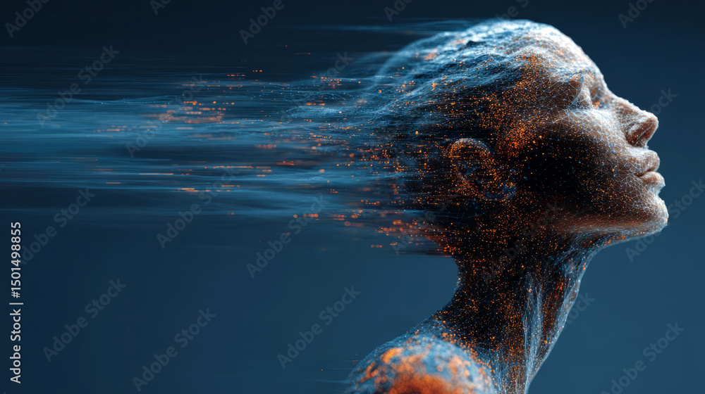 Poster digital human head with ai technology interface and data flow on a blue background, symbolizing the 