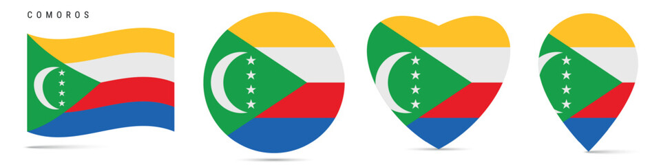 Comoros waving flag, circle badge, heart shaped, map pin. Flat vector illustration isolated