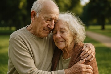 Elderly couple embracing outdoors.
