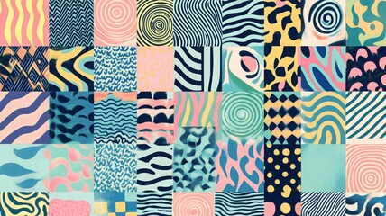 Vibrant abstract patterned squares featuring bold colors and playful designs with spirals, waves, and geometric shapes in pastel hues. Background texture with funky vibes