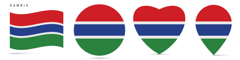 Gambia waving flag, circle badge, heart shaped, map pin. Flat vector illustration isolated