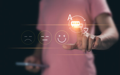 Satisfaction in language translation with mobile applications connected to the internet for translating languages ​​​​around the world. Modern technology and borderless communication, Face emojis