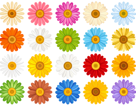 Colorful Chamomile Flower Icon Set – Flat Vector, Transparent Background