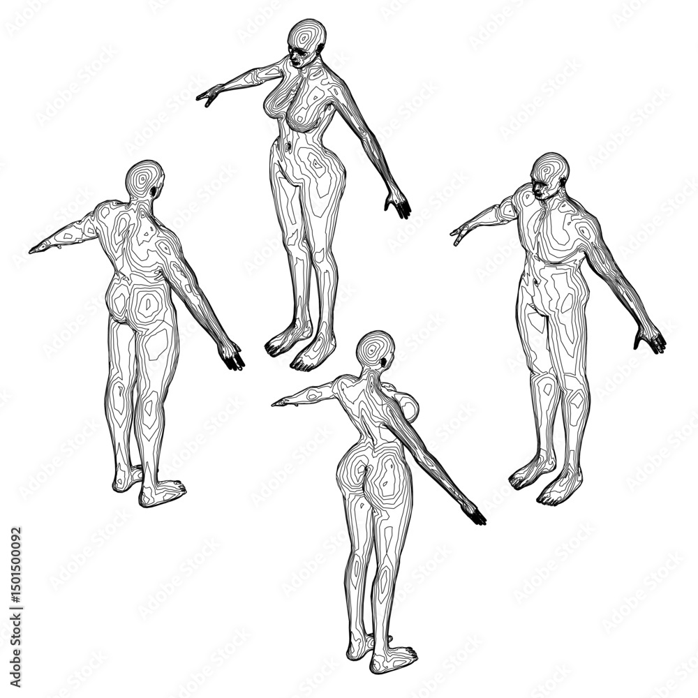 Poster Four figures of women in black and white pose in a circle. The figures are all different sizes and are all facing the same direction. Scene is one of unity and harmony. Isometric view. 3D