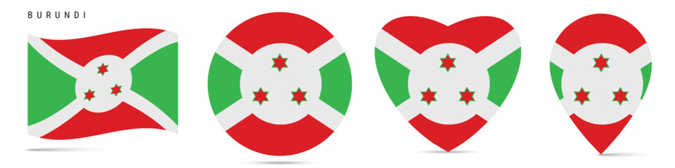 Burundi waving flag, circle badge, heart shaped, map pin. Flat vector illustration isolated
