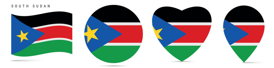 South Sudan waving flag, circle badge, heart shaped, map pin. Flat vector illustration isolated