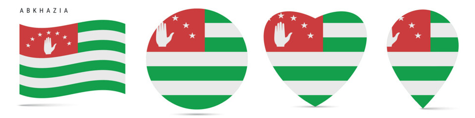 Abkhazia waving flag, circle badge, heart shaped, map pin. Flat vector illustration isolated