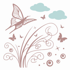 Elegant butterfly design with floral swirls and clouds