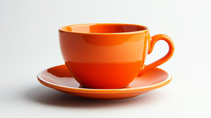 Bright Orange Ceramic Coffee Cup with Saucer on White Background

