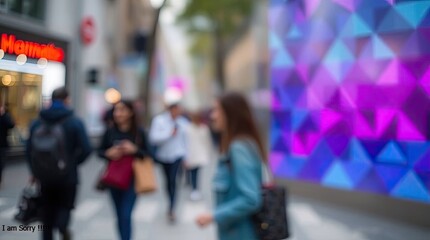Blurred street scene with pedestrians walking past a store and colorful wall display art