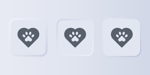 Grey Heart with animals footprint icon isolated on grey background. Pet paw in heart. Love to the animals. Set icons in square buttons. Vector