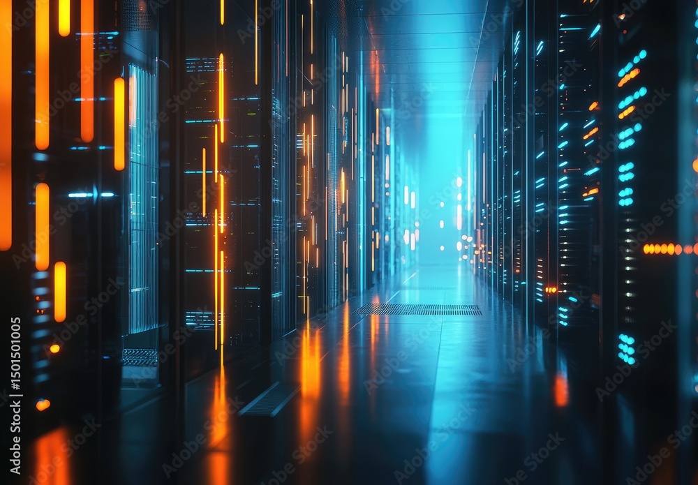 Leinwandbilder futuristic data center hallway with glowing orange and blue led-lit servers, ideal for cybersecurity