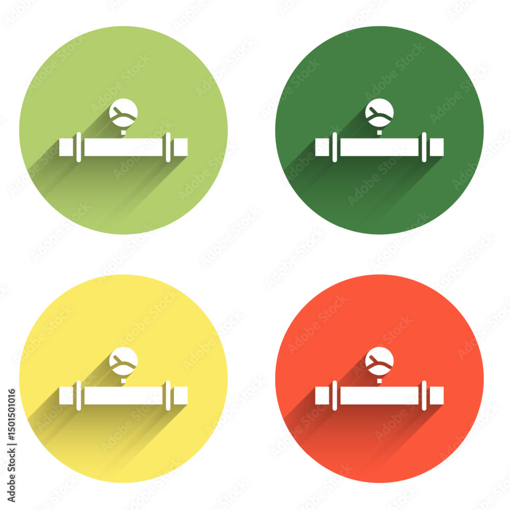 Poster set industry metallic pipe and manometer icon isolated with long shadow background. color circle but