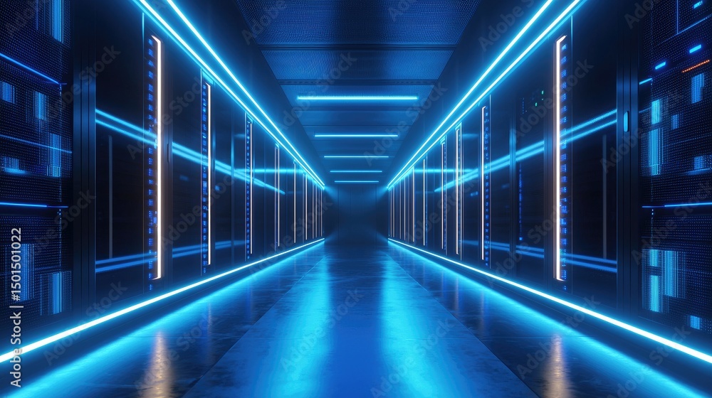 Poster symmetrical futuristic data center hallway with glowing blue led server lights, ideal for cybersecur