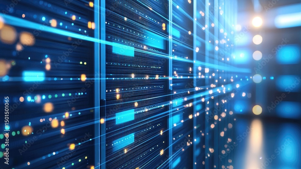 Fototapete digital server room with blue neon data flow and glowing particles, perfect for showcasing cloud com