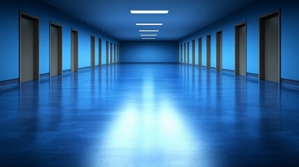 Obraz premium Long Blue Corridor with Closed Doors Modern Interior Architecture Design