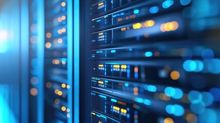 Naklejka premium Modern blue server room with illuminated hardware panels and glowing LEDs, suitable for visuals on data security, cloud infrastructure, or advanced network technology