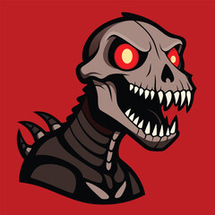 Undead skeleton T-Rex glowing eyes and cracked bones vector illustration