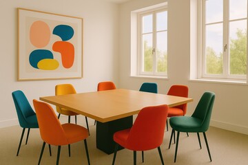 A Modern Meeting Room - Focus on the square wooden table surrounded by colorful chairs and a unique art piece. Capturing the clean lines, vibrant hues, and a sense of collaboration and creativity.