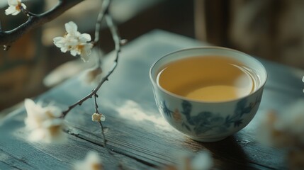Tranquil tea moment with blossoms