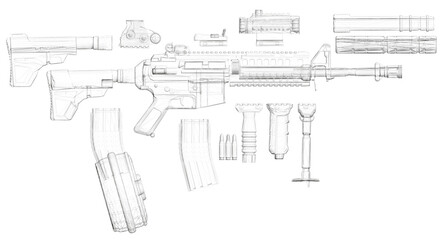 A gun is shown in black and white with the barrel and magazine removed. The image is a close up of the gun's parts, with the barrel and magazine clearly visible. Concept of precision and detail