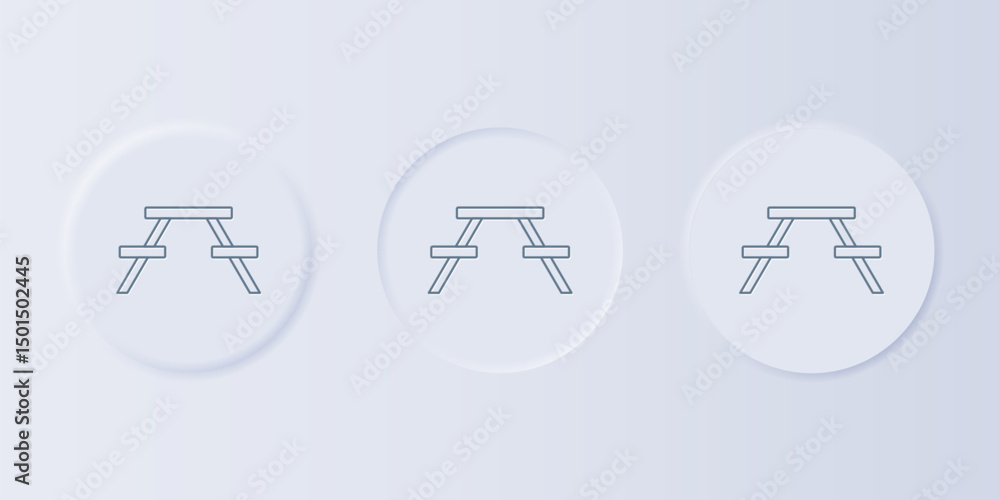 Poster grey picnic table with benches on either side of the table icon isolated on grey background. set ico