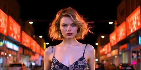 young woman in night city
