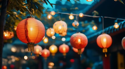 Obraz premium Illuminated paper lanterns, hanging in a festive display.