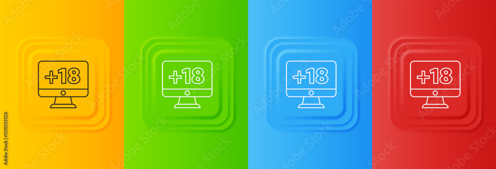 Poster white computer monitor with 18 plus content icon isolated on colorful background. age restriction sy
